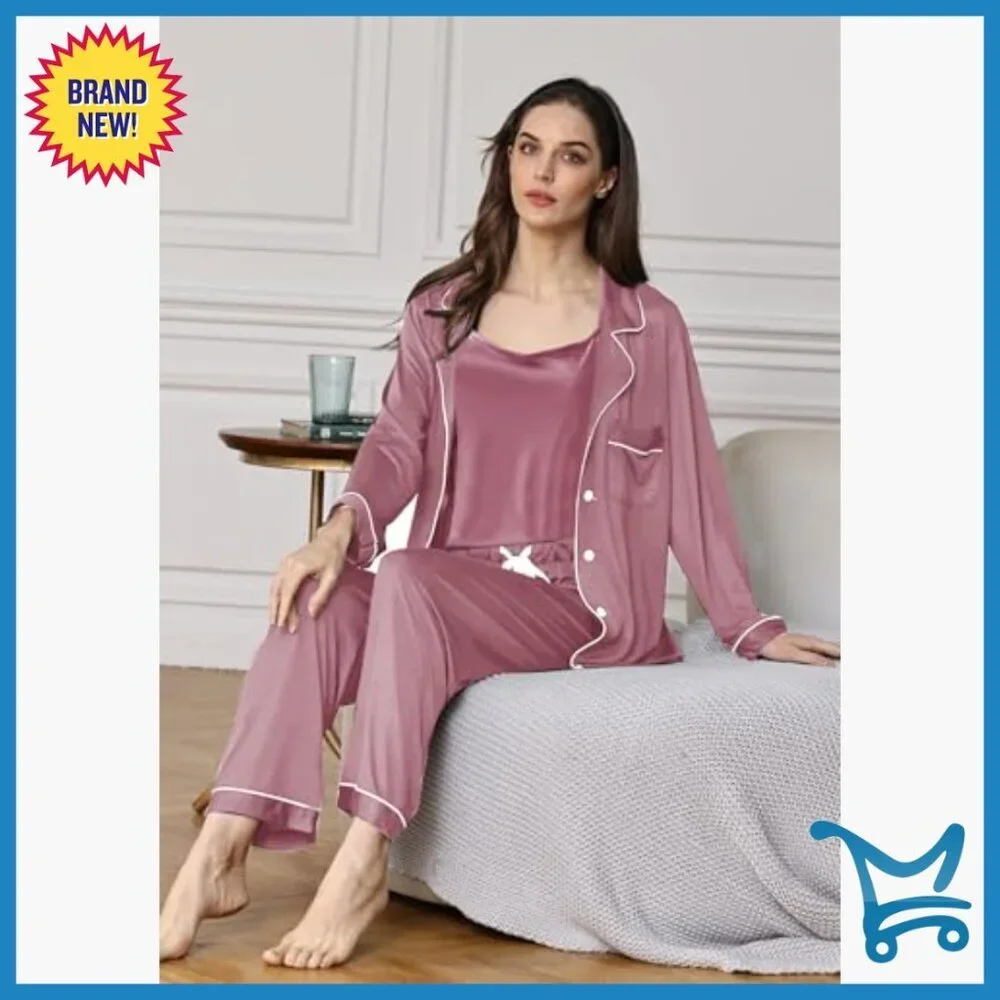3-Piece Knit Pajama Set with Cami Top, Long Sleeve & Pants, Relaxed Fit